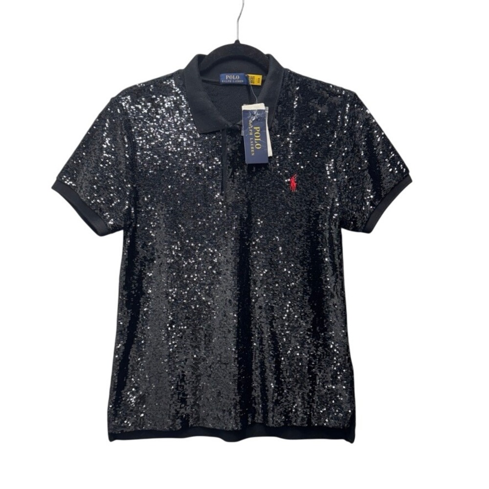 NWTG Polo Ralph Lauren Womens Black Sequin Short Sleeve Polo Shirt Red Pony M